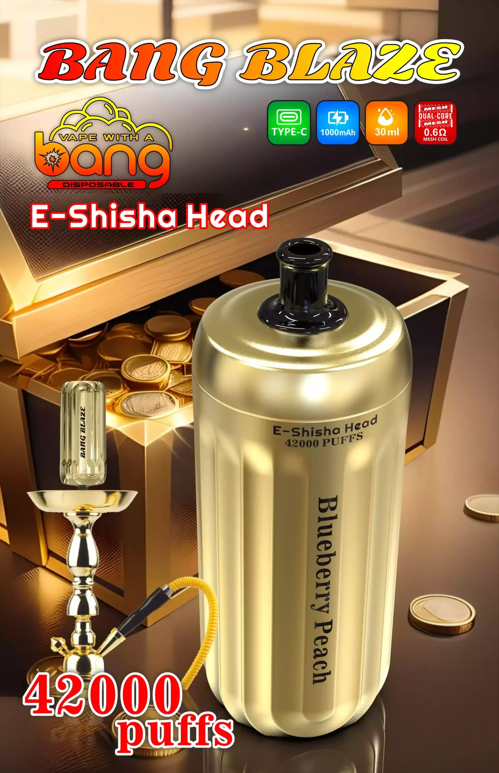Bang E-Shisha Head 42000 Puffs Gold Design Hookah Blueberry Peach Bang E-Shisha Head 42000 Puffs Gold Design Hookah Blueberry Peach