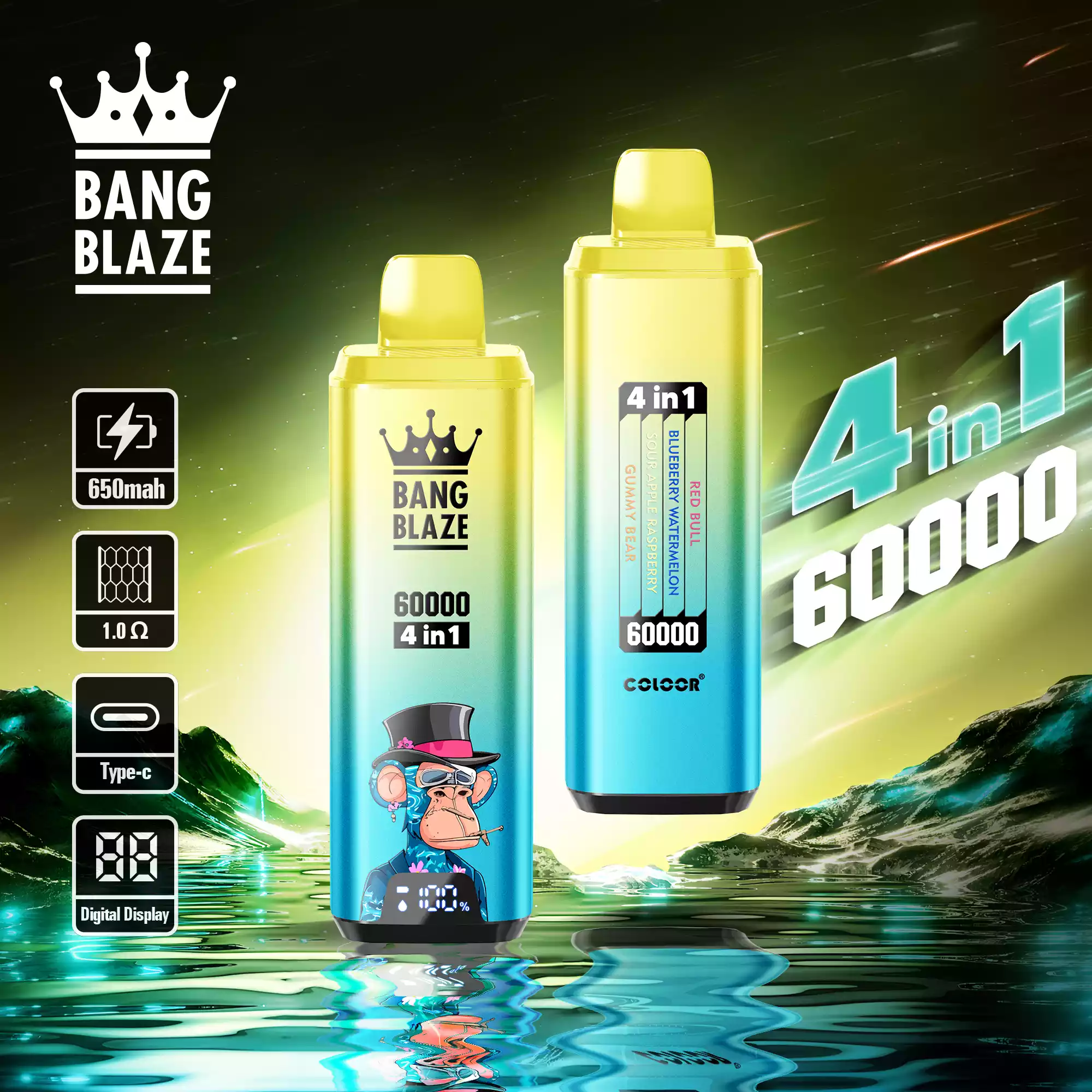 Bang Blaze 60K Vape 4-in-1 Flavors 60000 Puffs Disposable Vape Energy Drink, Blueberry Watermelon, Sour Apple Raspberry, Gummy Bear Bang Blaze 60K Vape 4-in-1 Flavors 60000 Puffs Disposable Vape Energy Drink, Blueberry Watermelon, Sour Apple Raspberry, Gummy Bear