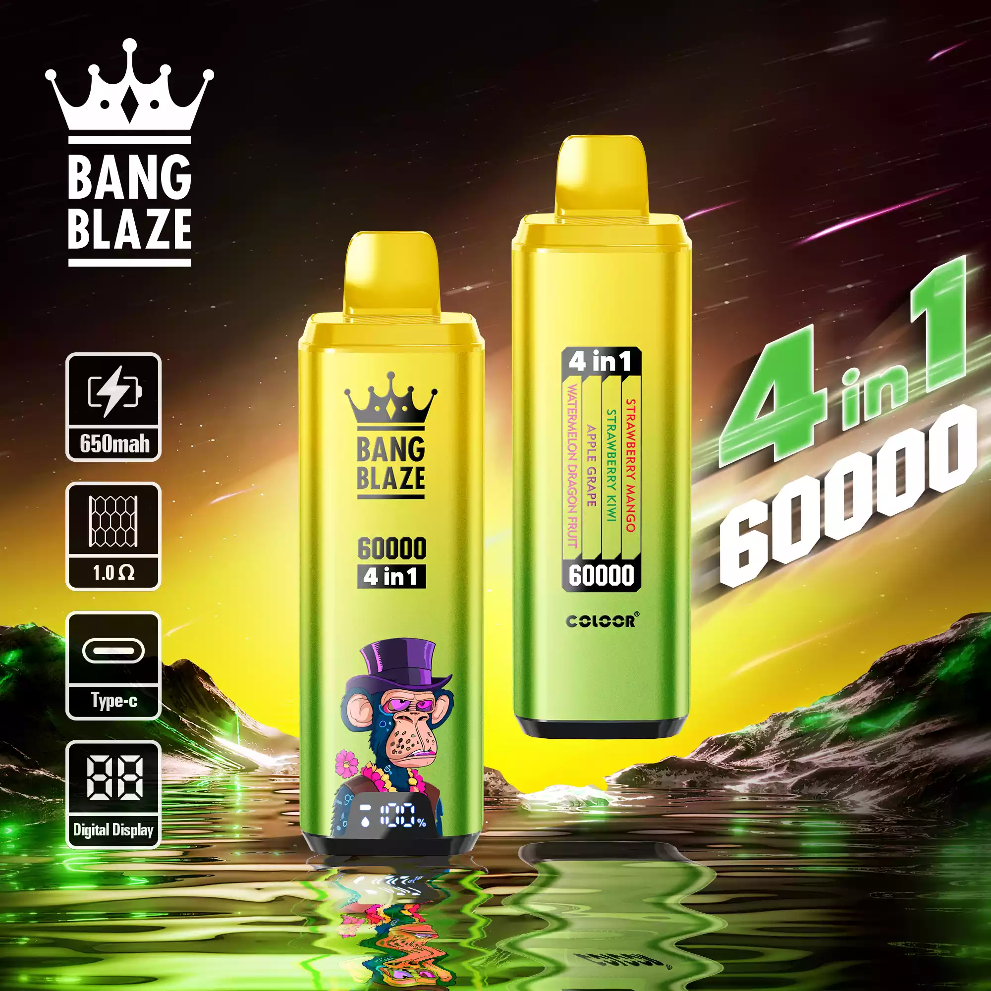 Bang Blaze 60K Vape 4-in-1 Flavors 60000 Puffs Disposable Vape Strawberry Mango, Strawberry Kiwi, Apple Grape, Watermelon Dragon Fruit Bang Blaze 60K Vape 4-in-1 Flavors 60000 Puffs Disposable Vape Strawberry Mango, Strawberry Kiwi, Apple Grape, Watermelon Dragon Fruit