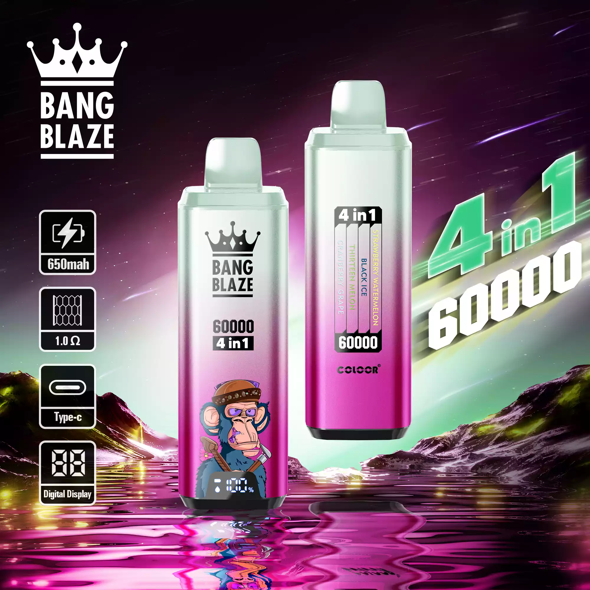 Bang Blaze 60K Vape 4-in-1 Flavors 60000 Puffs Disposable Vape Strawberry Watermelon, Black Ice, Thirteen Melon, Cranberry Grape Bang Blaze 60K Vape 4-in-1 Flavors 60000 Puffs Disposable Vape Strawberry Watermelon, Black Ice, Thirteen Melon, Cranberry Grape
