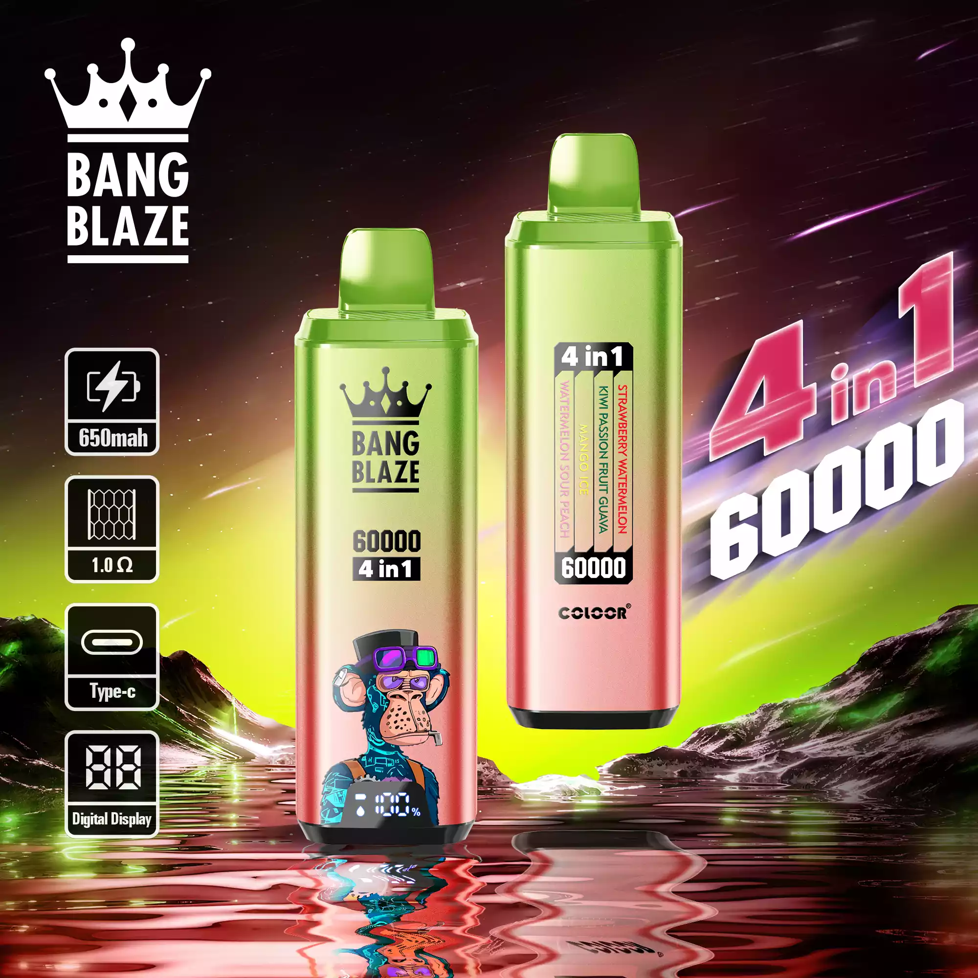 Bang Blaze 60K Vape 4-in-1 Flavors 60000 Puffs Disposable Vape Strawberry Watermelon, Kiwi Passion Fruit Guava, Mango Ice, Watermelon Sour Peach Bang Blaze 60K Vape 4-in-1 Flavors 60000 Puffs Disposable Vape Strawberry Watermelon, Kiwi Passion Fruit Guava, Mango Ice, Watermelon Sour Peach