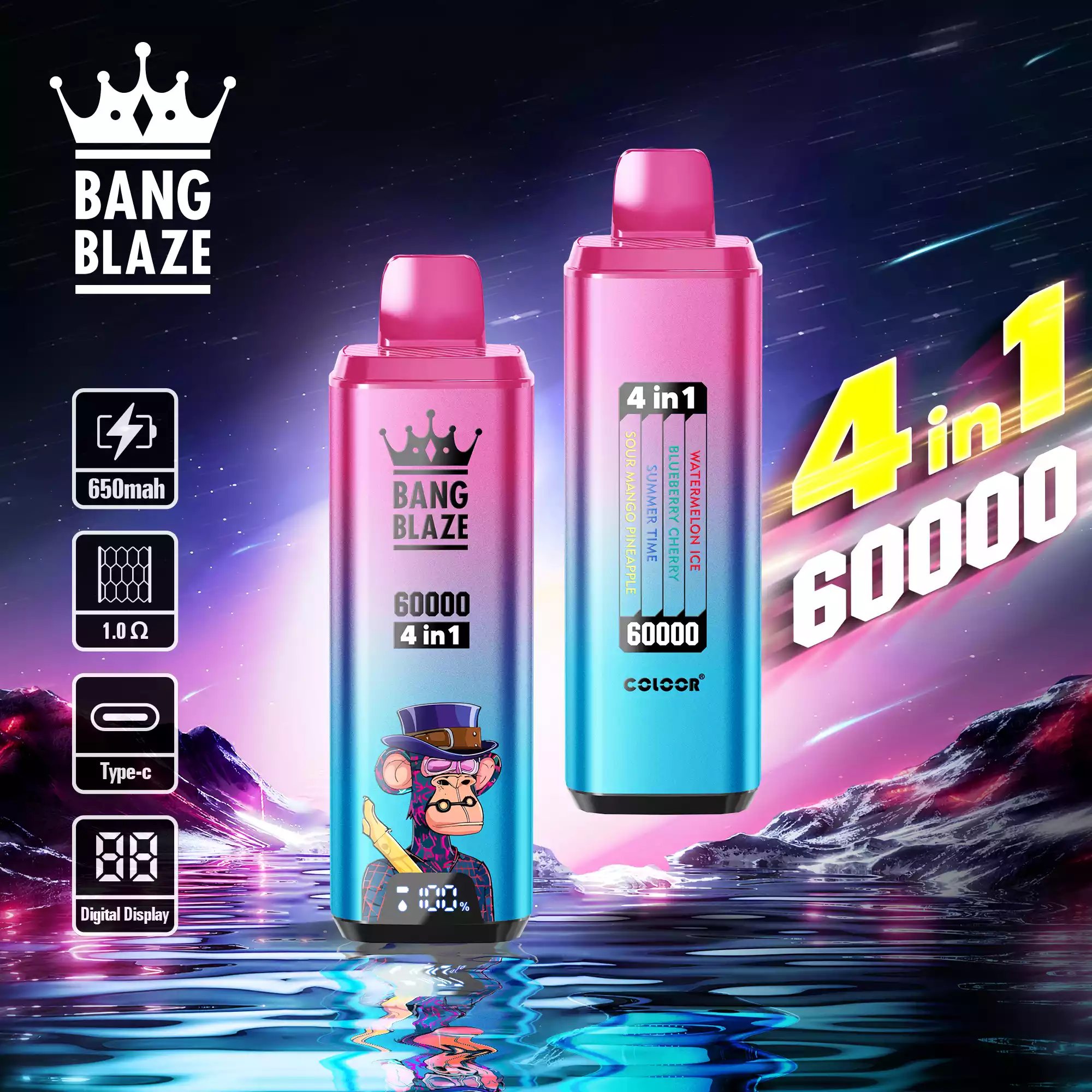 Bang Blaze 60K Vape 4-in-1 Flavors 60000 Puffs Disposable Vape Watermelon Ice, Blueberry Cherry, Summer Time, Sour Mango Pineapple Bang Blaze 60K Vape 4-in-1 Flavors 60000 Puffs Disposable Vape Watermelon Ice, Blueberry Cherry, Summer Time, Sour Mango Pineapple