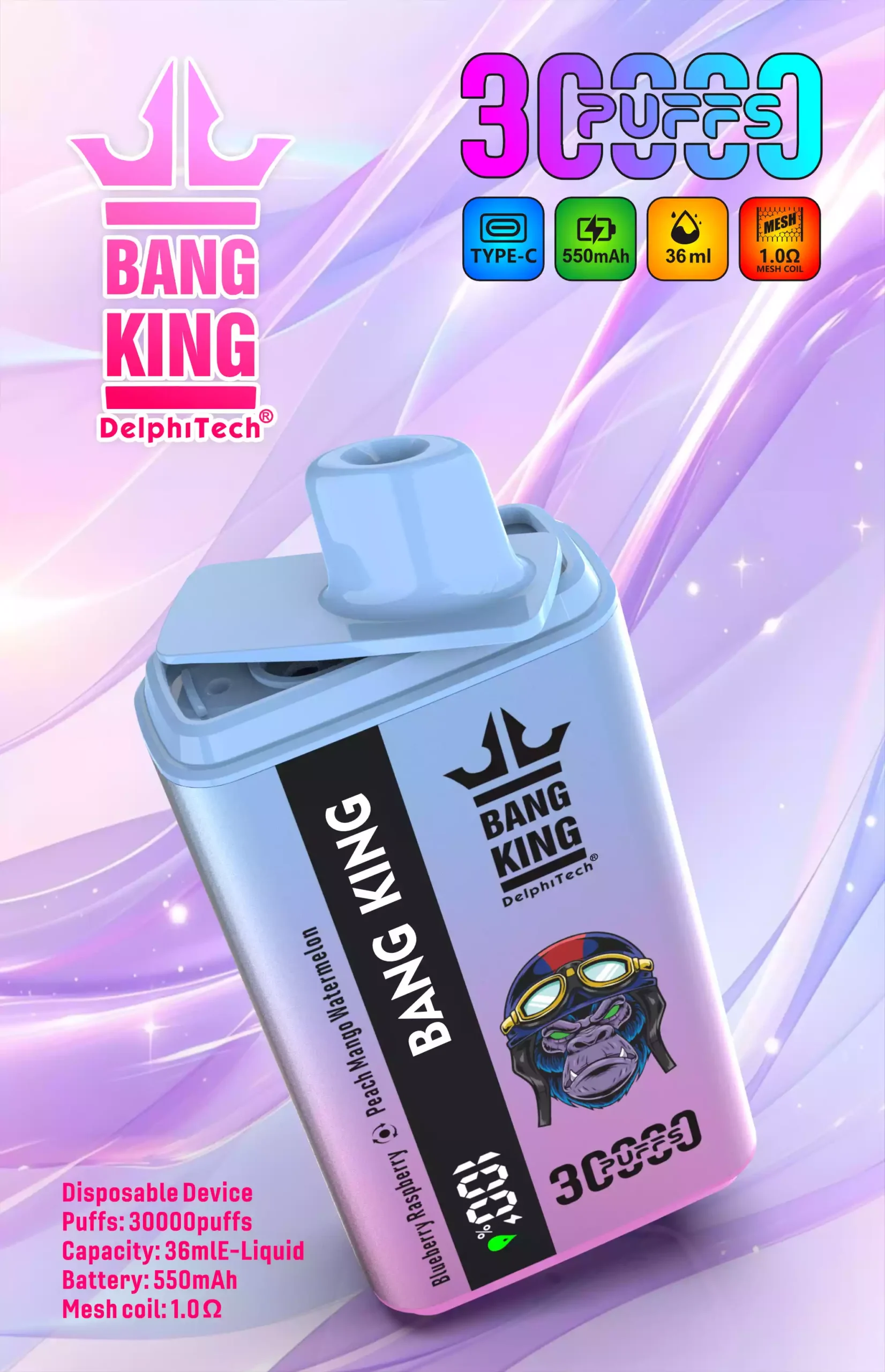 Bang King 30K Vape Dual Flavor 30000 Puffs Vape Smart Screen EU Warehouse Shipping Blueberry Raspberry & Peach Mango Watermelon Bang King 30K Vape Dual Flavor 30000 Puffs Vape Smart Screen EU Warehouse Shipping Blueberry Raspberry & Peach Mango Watermelon