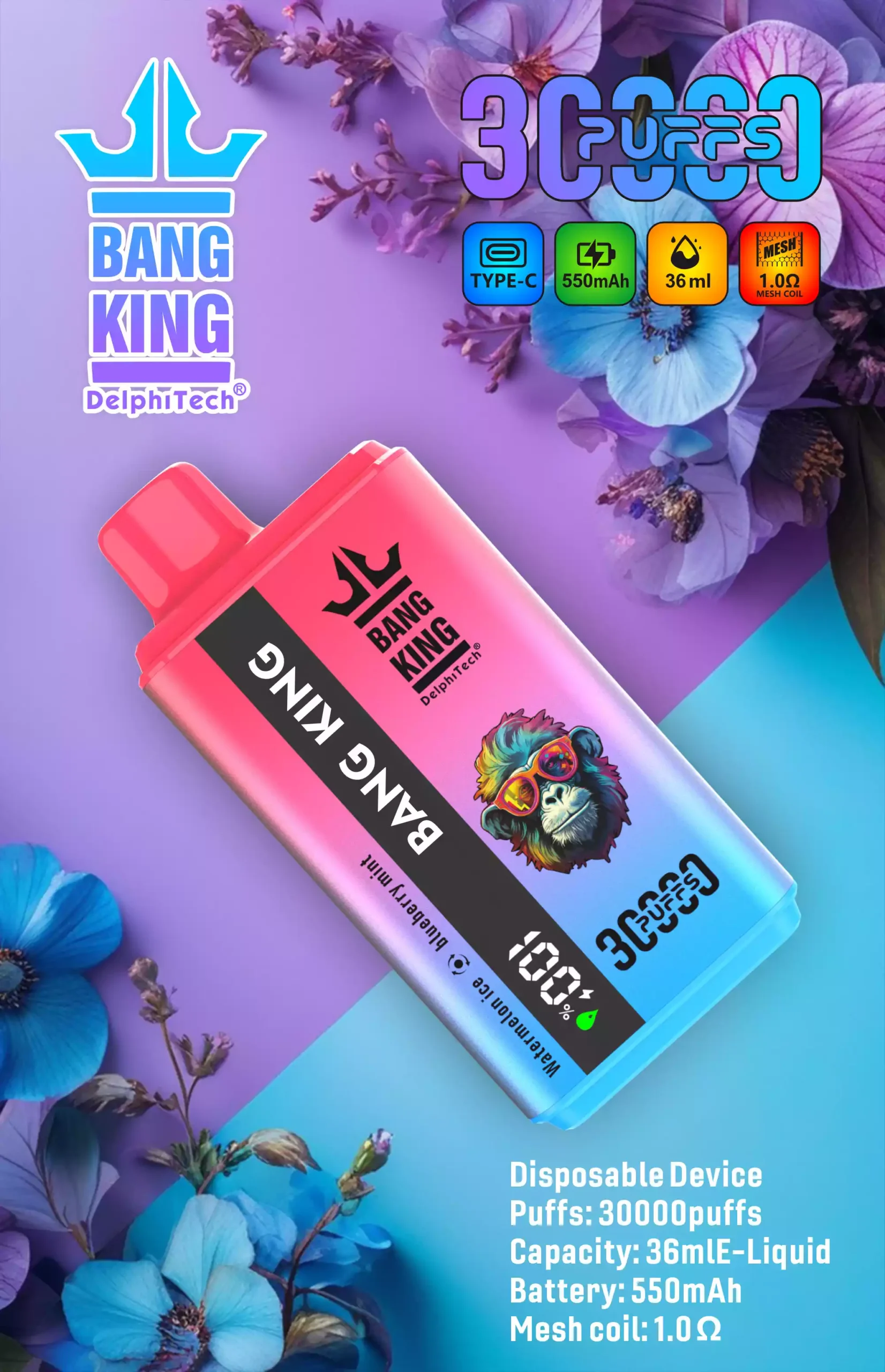 Bang King 30K Vape Dual Flavor 30000 Puffs Vape Smart Screen EU Warehouse Shipping Watermelon Ice & Blueberry Mint Bang King 30K Vape Dual Flavor 30000 Puffs Vape Smart Screen EU Warehouse Shipping Watermelon Ice & Blueberry Mint