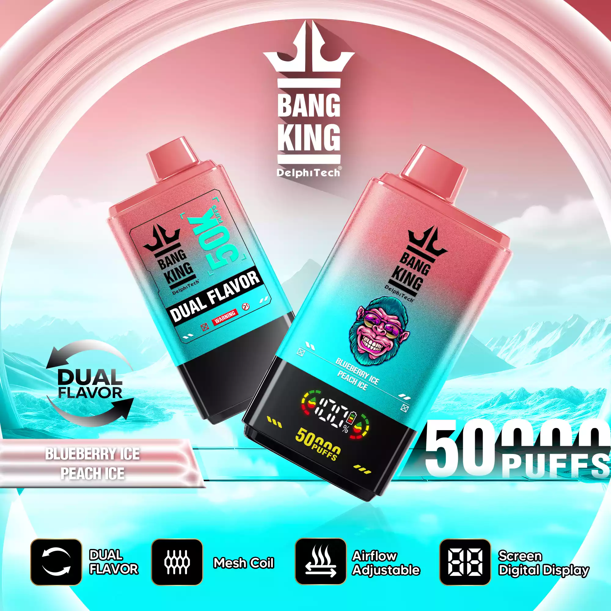 Bang King 50K Vape Dual Flavor LED Screen 50000 Puffs Disposable Vape EU Warehouse Shipping Blueberry Ice & Peach Ice Bang King 50K Vape Dual Flavor LED Screen 50000 Puffs Disposable Vape EU Warehouse Shipping Blueberry Ice & Peach Ice