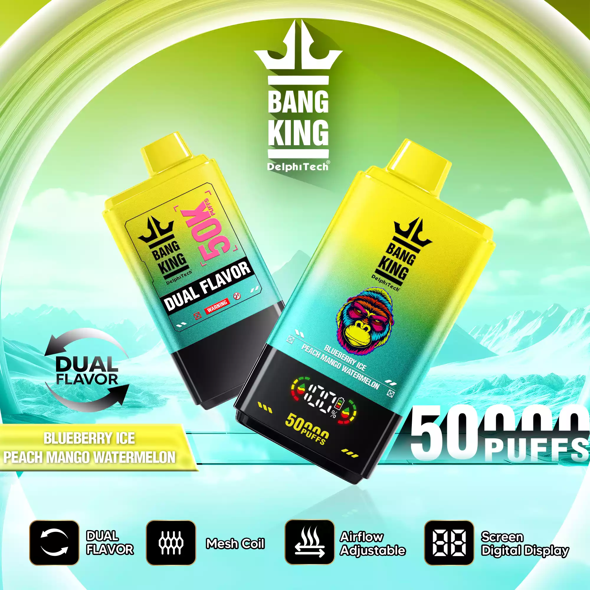 Bang King 50K Vape Dual Flavor LED Screen 50000 Puffs Disposable Vape EU Warehouse Shipping Blueberry Ice & Peach Mango Watermelon Bang King 50K Vape Dual Flavor LED Screen 50000 Puffs Disposable Vape EU Warehouse Shipping Blueberry Ice & Peach Mango Watermelon