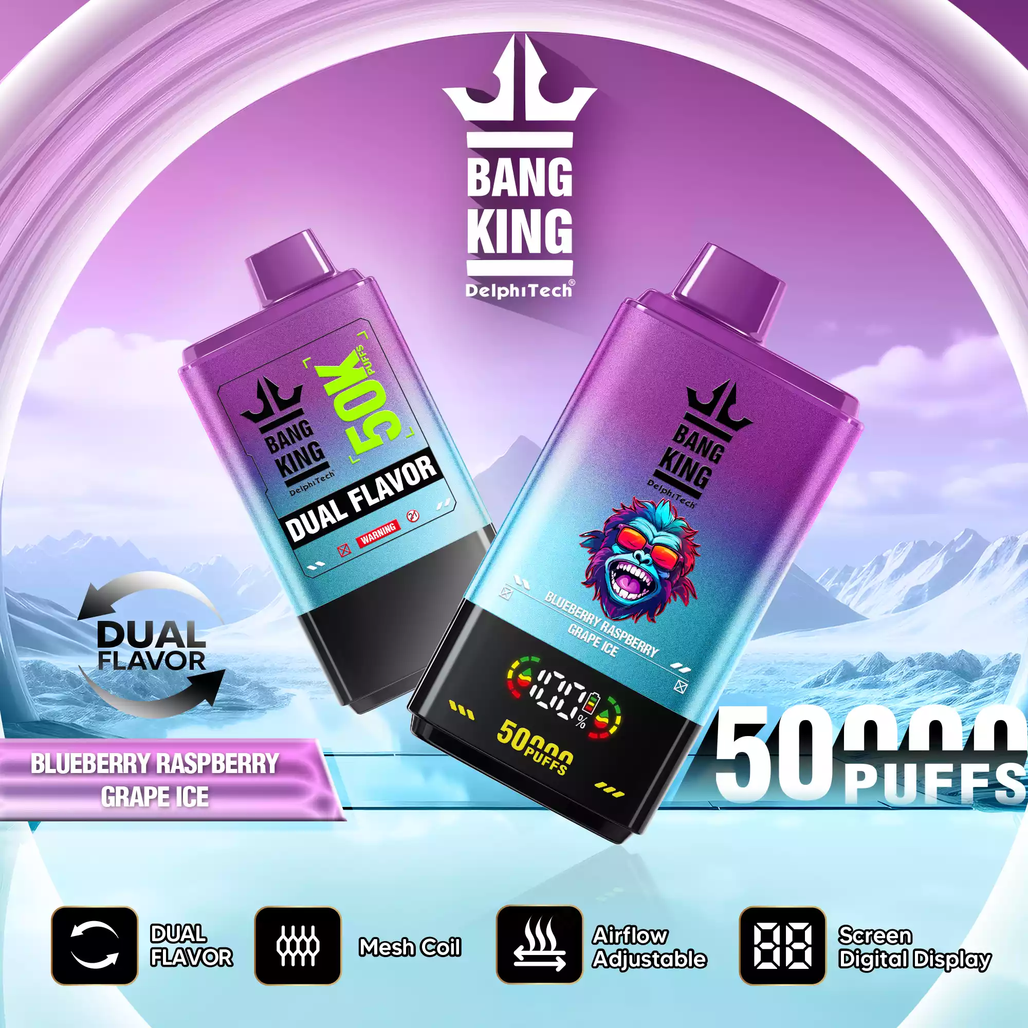 Bang King 50K Vape Dual Flavor LED Screen 50000 Puffs Disposable Vape EU Warehouse Shipping Blueberry Raspberry & Grape Ice Bang King 50K Vape Dual Flavor LED Screen 50000 Puffs Disposable Vape EU Warehouse Shipping Blueberry Raspberry & Grape Ice