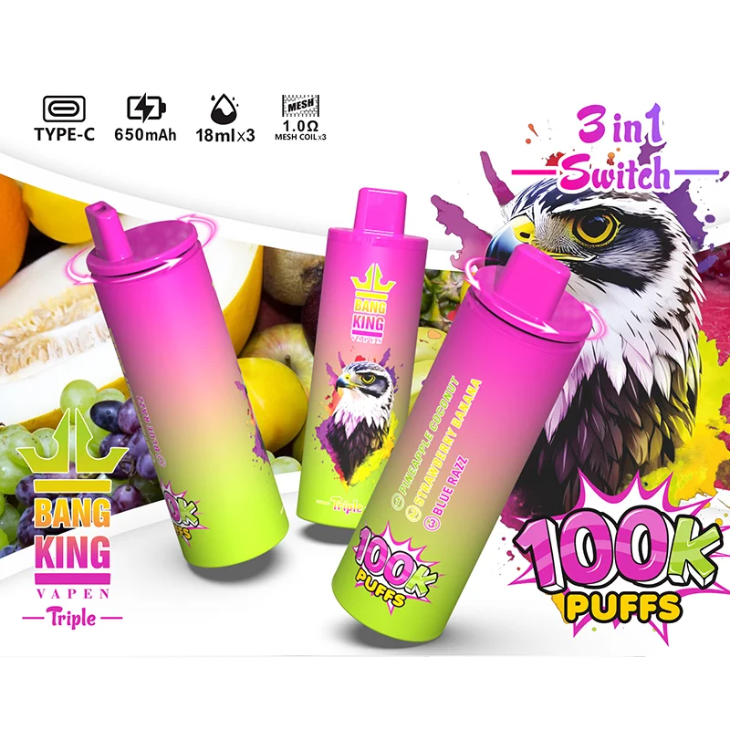 Bang King Triple 100K Vape 3-in-1 Flavor Pineapple Coconut & Strawberry Banana & Blue Razz Bang King Triple 100K Vape 3-in-1 Flavor Pineapple Coconut & Strawberry Banana & Blue Razz