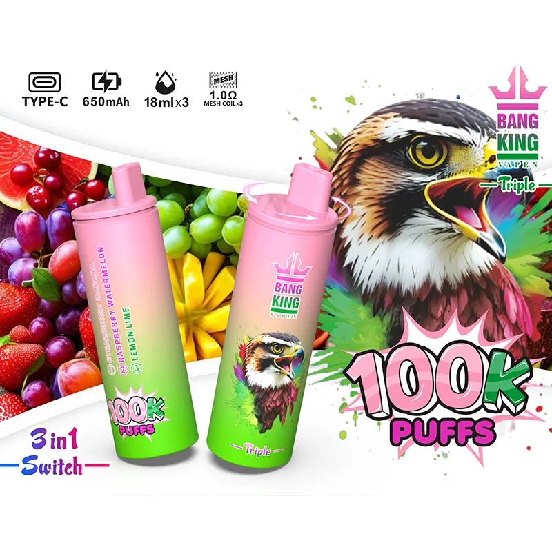 Bang King Triple 100K Vape 3-in-1 Flavor Strawberry Banana & Lemon Lime & Raspberry Watermelon Bang King Triple 100K Vape 3-in-1 Flavor Strawberry Banana & Lemon Lime & Raspberry Watermelon