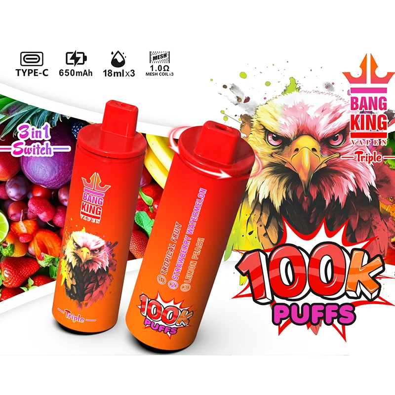 Bang King Triple 100K Vape 3-in-1 Flavor Tropical Fruit & Strawberry Watermelon & Lemon Peach Bang King Triple 100K Vape 3-in-1 Flavor Tropical Fruit & Strawberry Watermelon & Lemon Peach