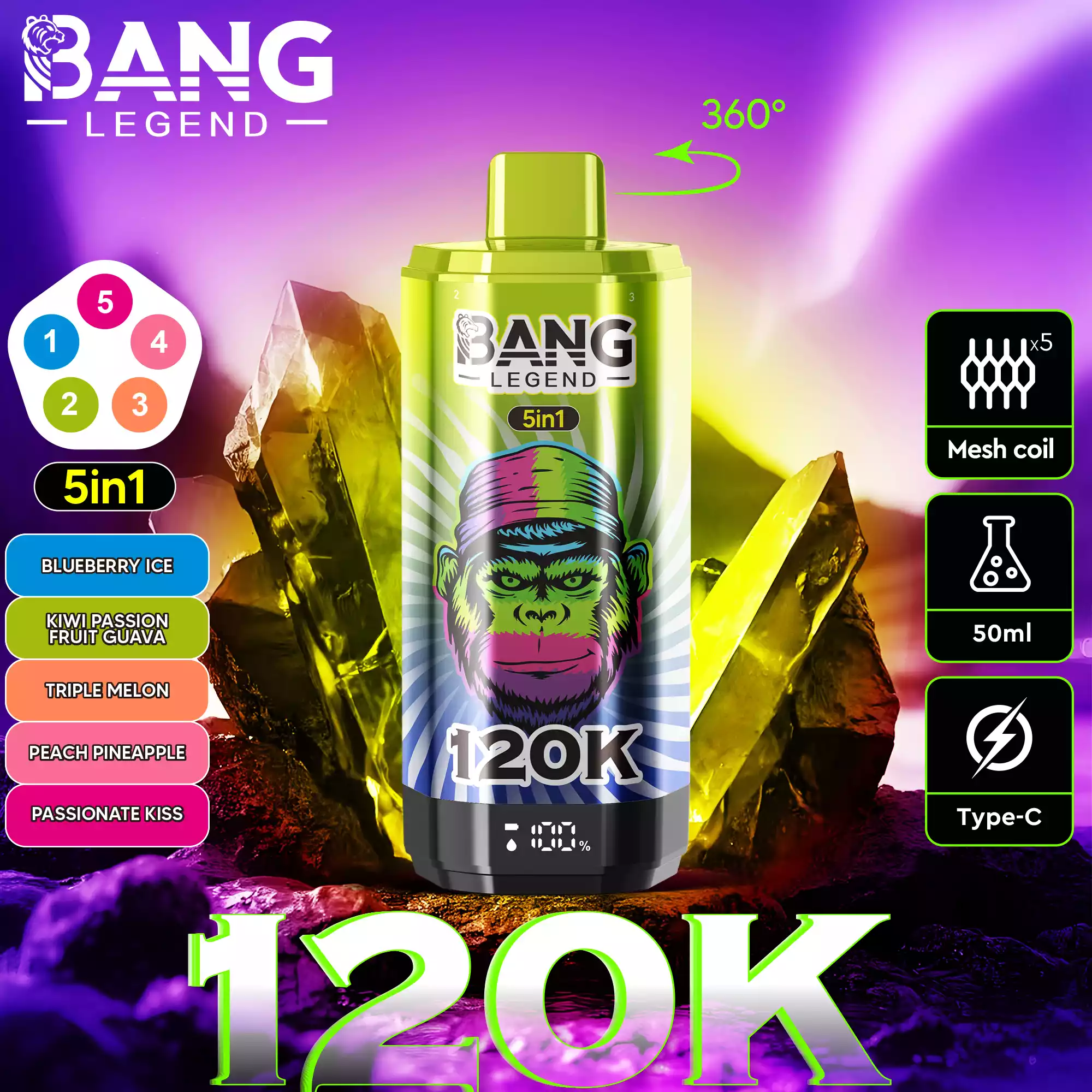 Bang Legend 120K Vape 5-in-1 Flavors 120,000 Puffs Disposable Vape Blueberry Ice & Kiwi Passion Fruit Guava & Triple Melon & Peach Pineapple & Passionate Kiss Bang Legend 120K Vape 5-in-1 Flavors 120,000 Puffs Disposable Vape Blueberry Ice & Kiwi Passion Fruit Guava & Triple Melon & Peach Pineapple & Passionate Kiss