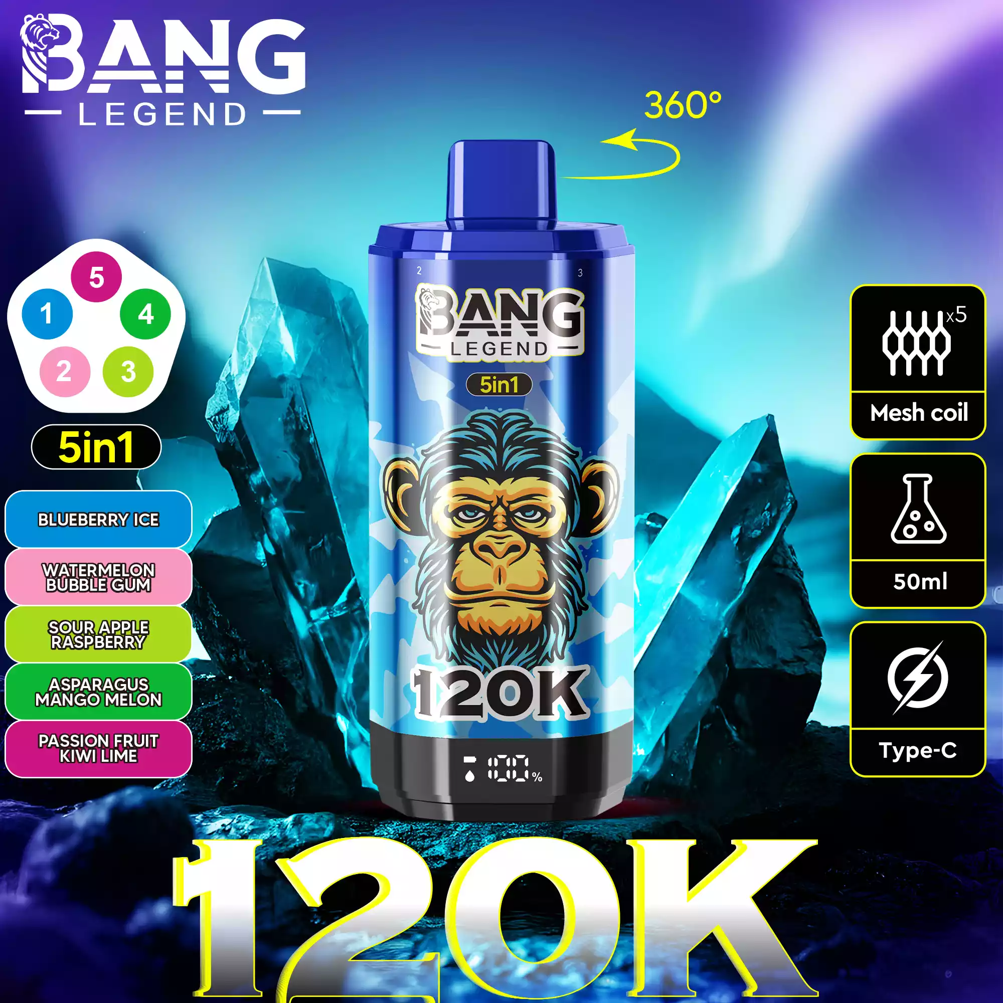 Bang Legend 120K Vape 5-in-1 Flavors 120,000 Puffs Disposable Vape Blueberry Ice & Watermelon Bubble Gum & Sour Apple Raspberry & Asparagus Mango Melon & Passi Bang Legend 120K Vape 5-in-1 Flavors 120,000 Puffs Disposable Vape Blueberry Ice & Watermelon Bubble Gum & Sour Apple Raspberry & Asparagus Mango Melon & Passi