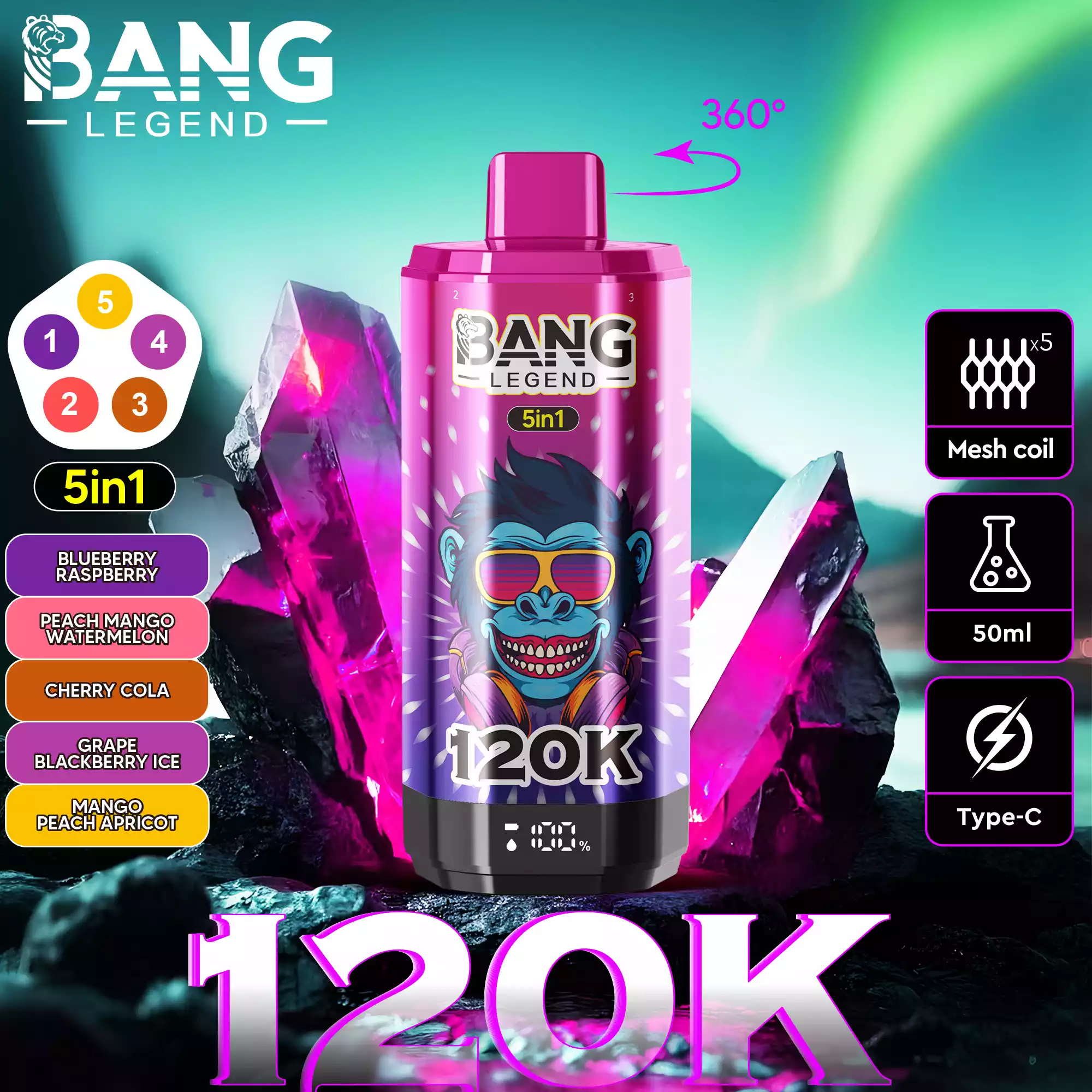 Bang Legend 120K Vape 5-in-1 Flavors 120,000 Puffs Disposable Vape Blueberry Raspberry & Peach Mango Watermelon & Cherry Cola & Grape Blackberry Ice & Mango Pe Bang Legend 120K Vape 5-in-1 Flavors 120,000 Puffs Disposable Vape Blueberry Raspberry & Peach Mango Watermelon & Cherry Cola & Grape Blackberry Ice & Mango Pe