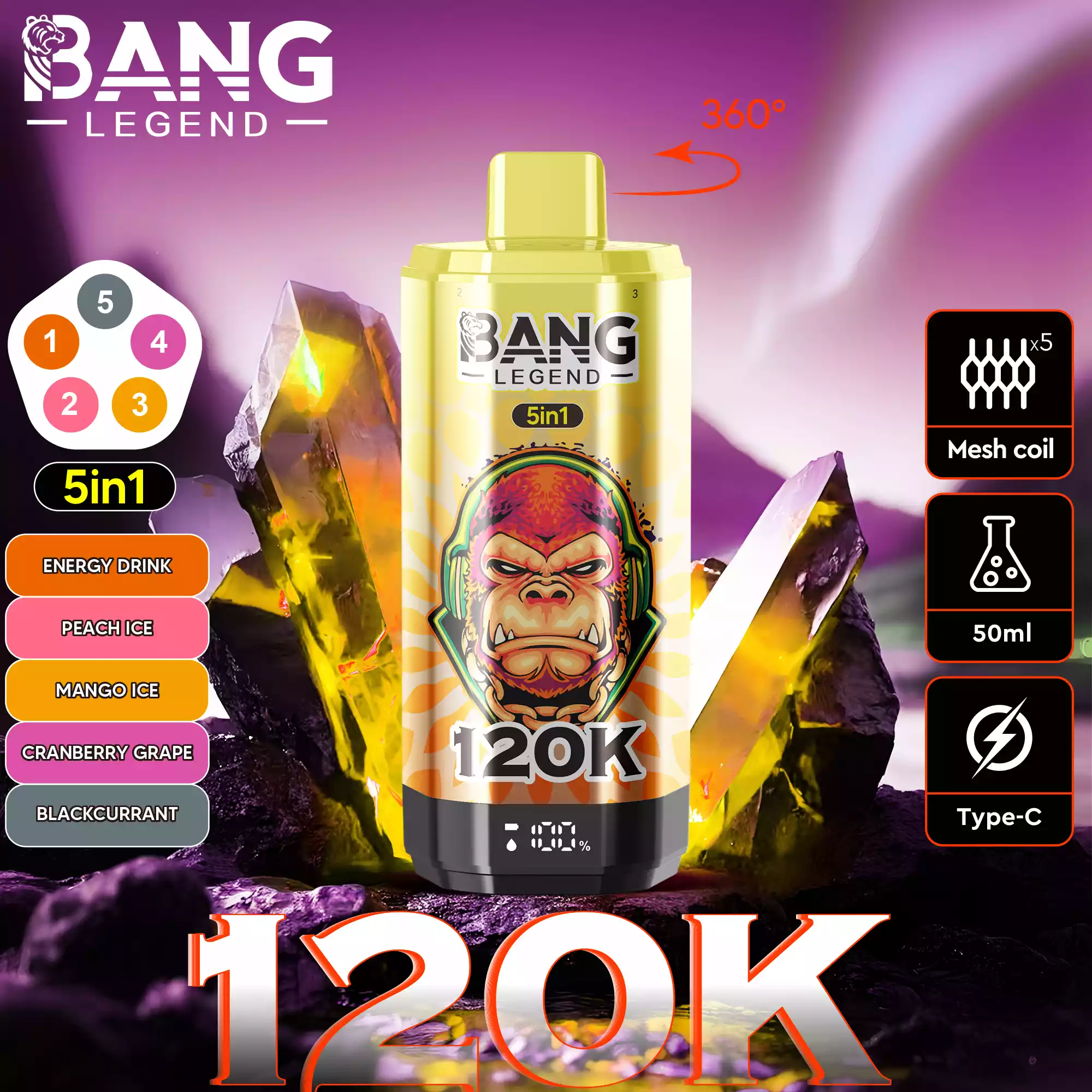 Bang Legend 120K Vape 5-in-1 Flavors 120,000 Puffs Disposable Vape Energy Drink & Peach Ice & Mango Ice & Cranberry Grape & Blackcurrant Bang Legend 120K Vape 5-in-1 Flavors 120,000 Puffs Disposable Vape Energy Drink & Peach Ice & Mango Ice & Cranberry Grape & Blackcurrant