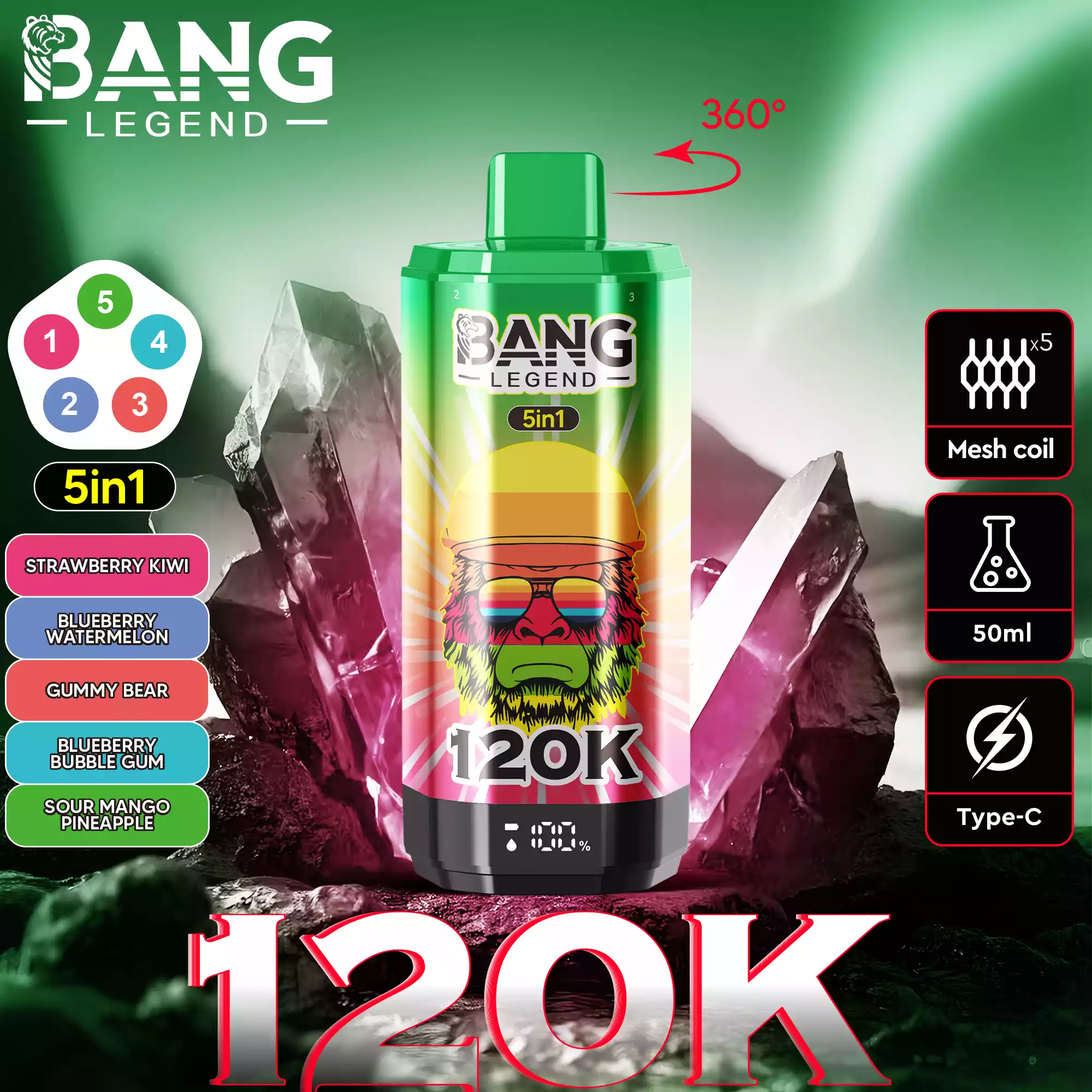 Bang Legend 120K Vape 5-in-1 Flavors 120,000 Puffs Disposable Vape Strawberry Kiwi & Blueberry Watermelon & Gummy Bear & Blueberry Bubble Gum & Sour Mango Pine Bang Legend 120K Vape 5-in-1 Flavors 120,000 Puffs Disposable Vape Strawberry Kiwi & Blueberry Watermelon & Gummy Bear & Blueberry Bubble Gum & Sour Mango Pine