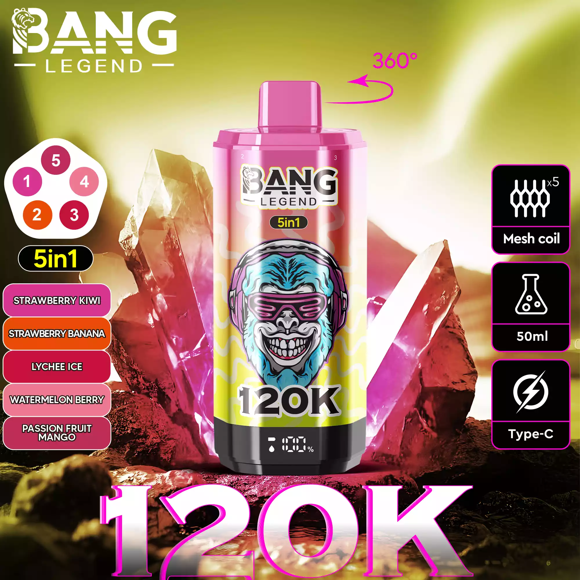 Bang Legend 120K Vape 5-in-1 Flavors 120,000 Puffs Disposable Vape Strawberry Kiwi & Strawberry Banana & Lychee Ice & Watermelon Berry & Passion Fruit Mango Bang Legend 120K Vape 5-in-1 Flavors 120,000 Puffs Disposable Vape Strawberry Kiwi & Strawberry Banana & Lychee Ice & Watermelon Berry & Passion Fruit Mango