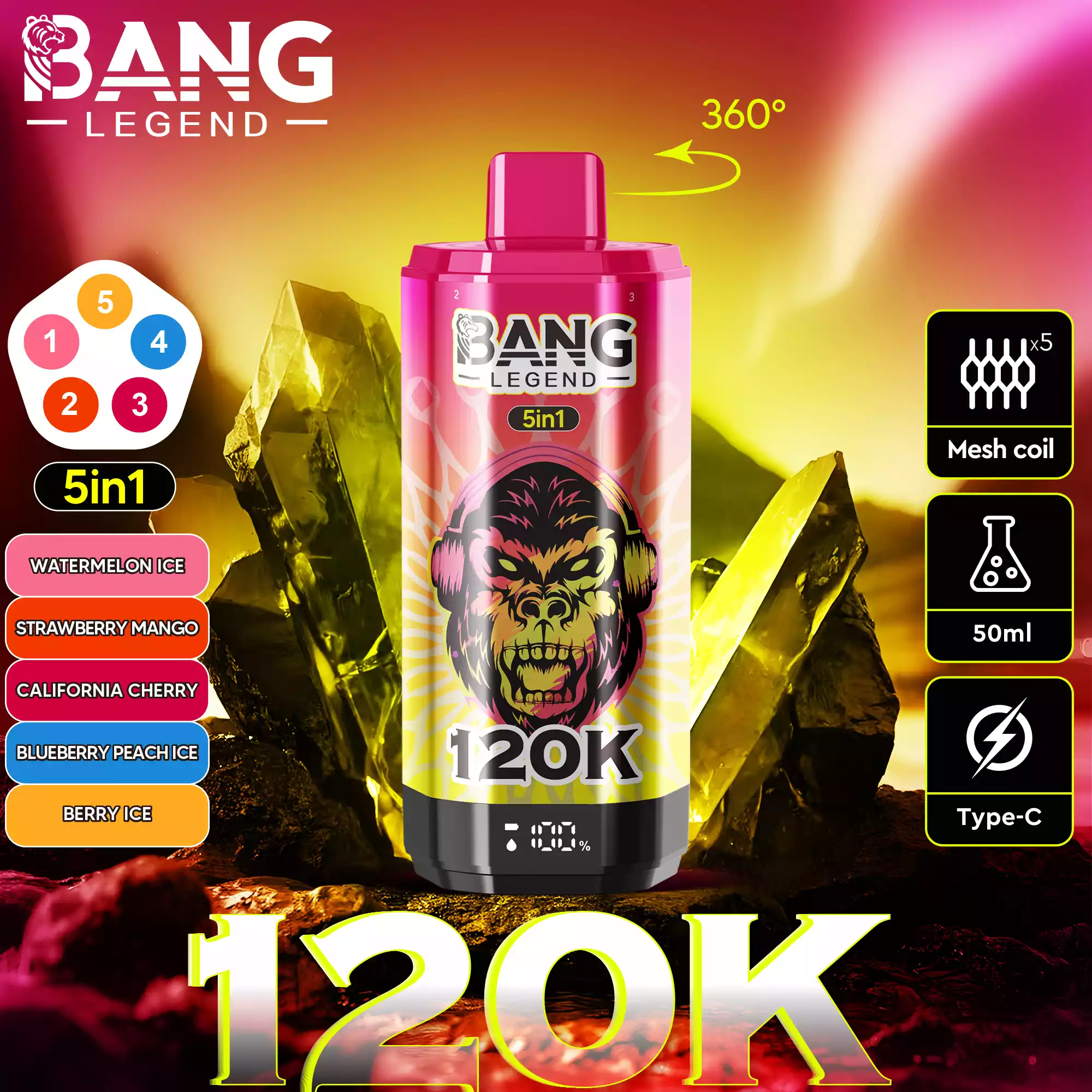 Bang Legend 120K Vape 5-in-1 Flavors 120,000 Puffs Disposable Vape Watermelon Ice & Strawberry Mango & California Cherry & Blueberry Peach Ice & Berry Ice Bang Legend 120K Vape 5-in-1 Flavors 120,000 Puffs Disposable Vape Watermelon Ice & Strawberry Mango & California Cherry & Blueberry Peach Ice & Berry Ice