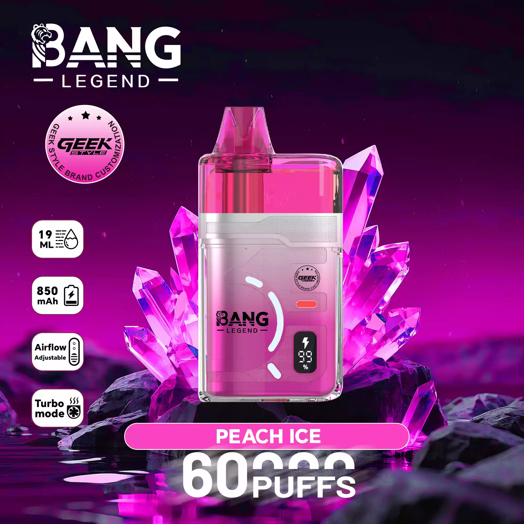 Bang Legend 60K Puffs Disposable Vape Turbo Mode Refillable Pure Flavor Adjustable Airflow Peach Ice Bang Legend 60K Puffs Disposable Vape Turbo Mode Refillable Pure Flavor Adjustable Airflow Peach Ice