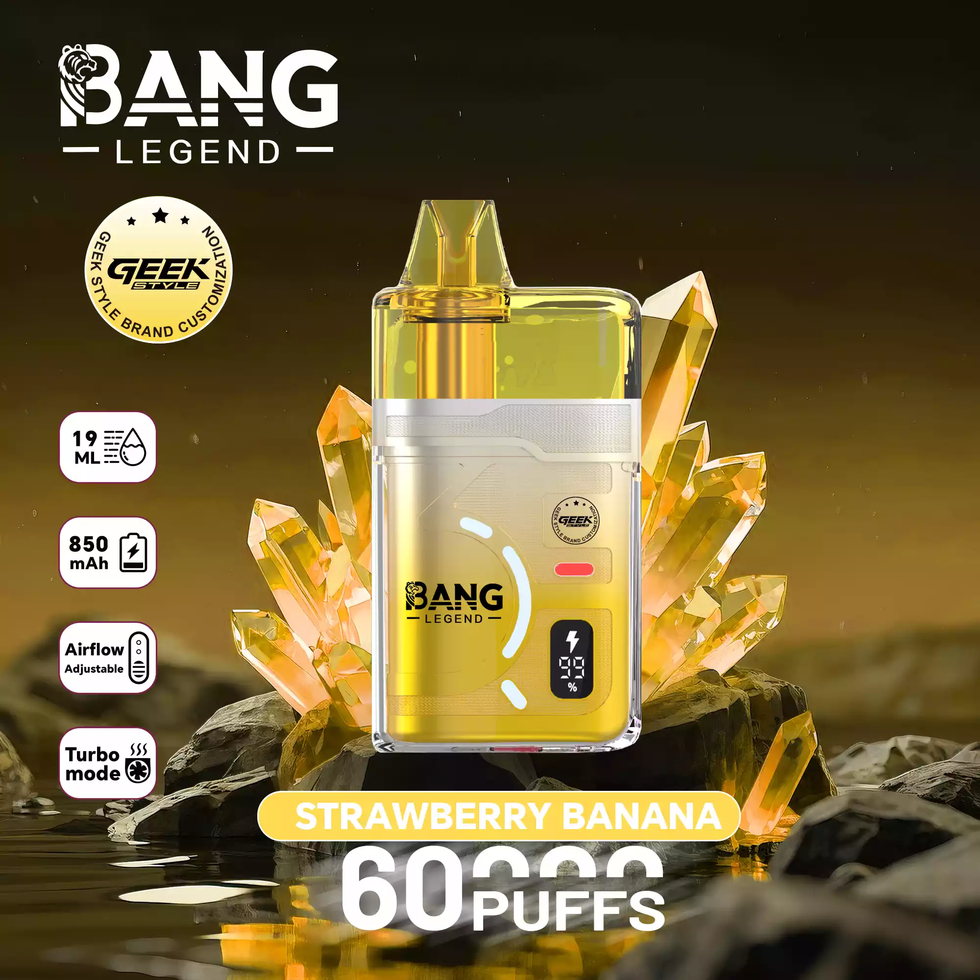 Bang Legend 60K Puffs Disposable Vape Turbo Mode Refillable Pure Flavor Adjustable Airflow Strawberry Banana Bang Legend 60K Puffs Disposable Vape Turbo Mode Refillable Pure Flavor Adjustable Airflow Strawberry Banana