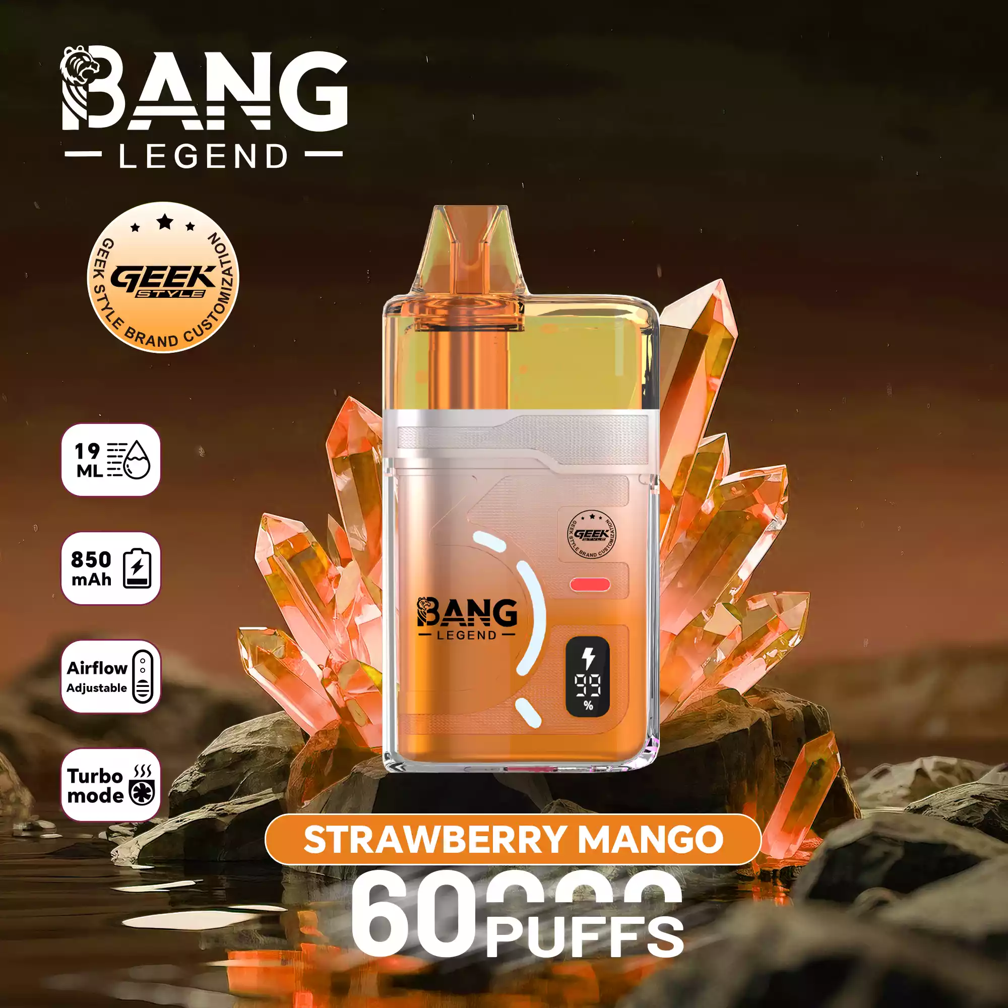 Bang Legend 60K Puffs Disposable Vape Turbo Mode Refillable Pure Flavor Adjustable Airflow Strawberry Mango Bang Legend 60K Puffs Disposable Vape Turbo Mode Refillable Pure Flavor Adjustable Airflow Strawberry Mango